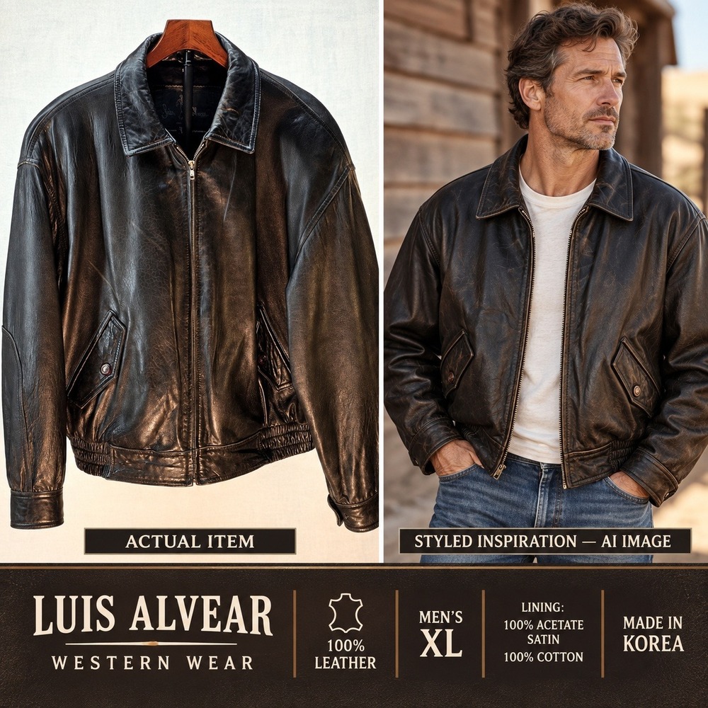 Vintage Luis Alvear Leather Bomber Jacket Mens XL Black Distressed 90s Moto